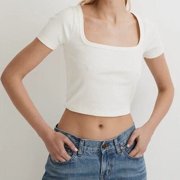 Madewell Tops - Madewell White Square Neck Casual Stretch Crop Tee Ribbed NWT Small
